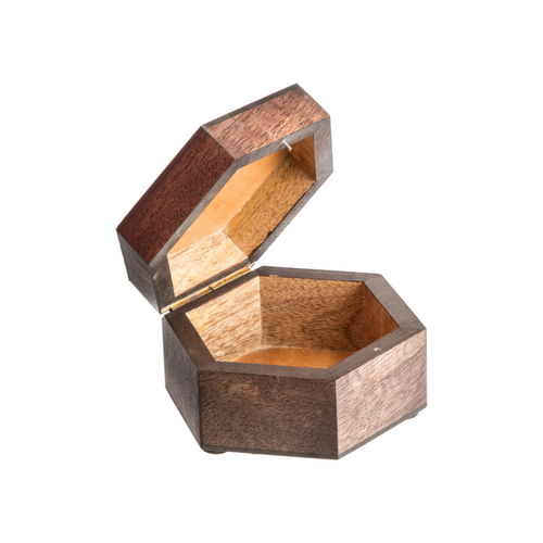 Visuel 2 du produit Boîte hexagonale en bois de manguier brun et motifs eucalyptus - 11 x 13 x 6,5 cm