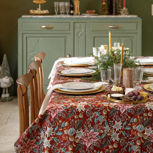Visuel 4 du produit Nappe rouge en PE/coton à motifs roses, blancs et verts Poinsettia - 150 x 250 cm