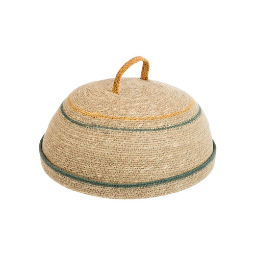 Visuel 1 du produit Plateau rond en bois avec cloche en osier naturel à lignes verte et jaune - Ø 30 x 13 cm