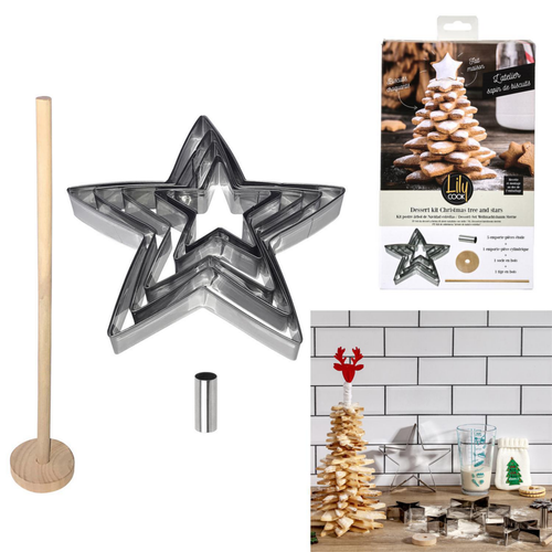 Visuel 1 du produit Coffret dessert avec emporte pièces étoiles et cylindre pour sapin avec socle en bois
