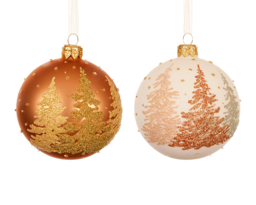 Visuel 1 du produit Boule en verre finition mate brandy et blanc laine avec décor sapins - Ø 8 cm