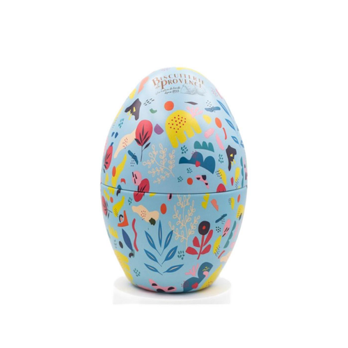 Visuel 1 du produit Grand œuf de Pâques en métal décor printanier avec gâteaux bio Biscuiterie de Provence - 240 g