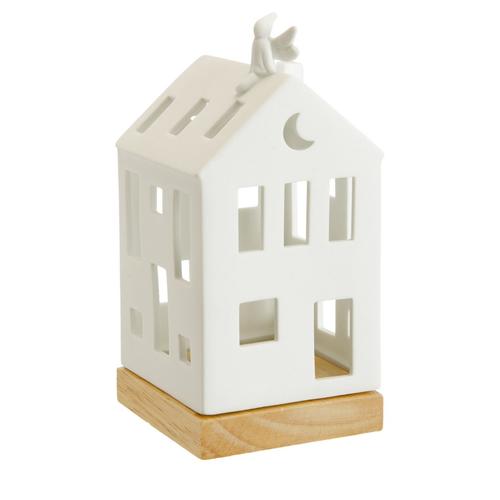 Visuel 1 du produit Photophore forme maison en céramique blanche avec fée taille M - Ø 7,7 x H 16 cm