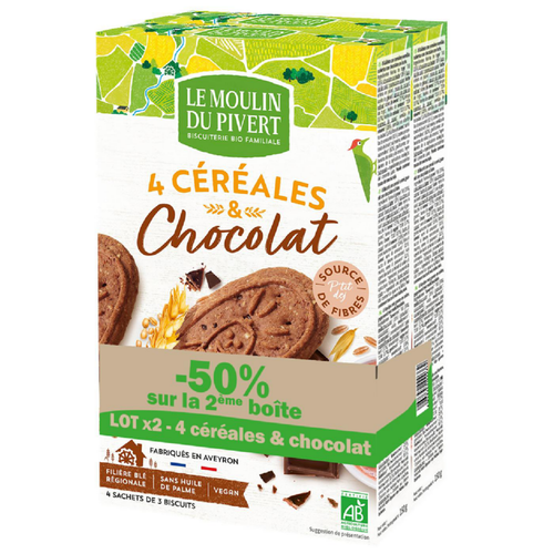 Visuel 1 du produit Lot de biscuits p'tit dej chocolat bio Le Moulin du Pivert - 2 x 190 g (50% sur le 2ème)