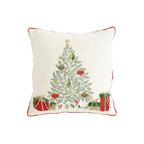 Visuel 1 du produit Coussin carré en coton blanc décor sapin vert brodé et bord rouge - 45 x 45 cm