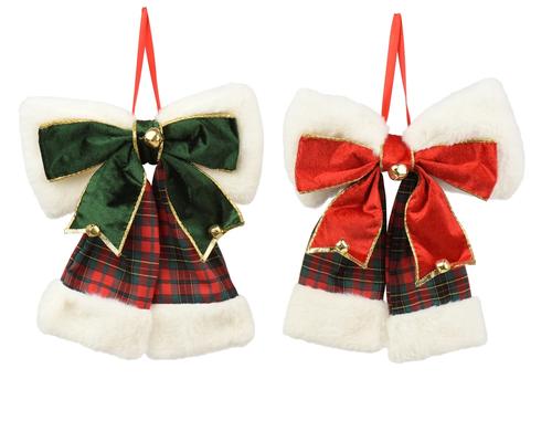 Visuel 1 du produit Nœud en tissu tartan rouge et vert bordé fourrure blanche avec clochette - 30 x 24 cm
