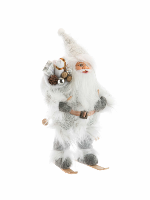 Visuel 1 du produit Père Noël skieur en tissu gris et blanc avec hotte - 30 cm