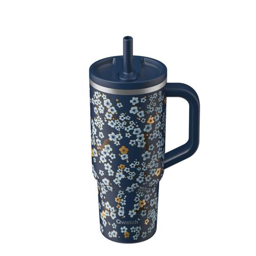 Visuel 1 du produit Travel cup isotherme en inox à motifs fleurs bleu nuit avec bouchon étanche Qwetch - 900 ml