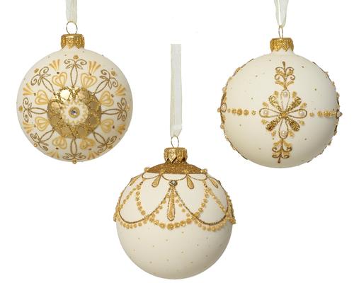 Visuel 1 du produit Boule de Noël déco luxe en verre blanc laine et or - Ø 8 cm
