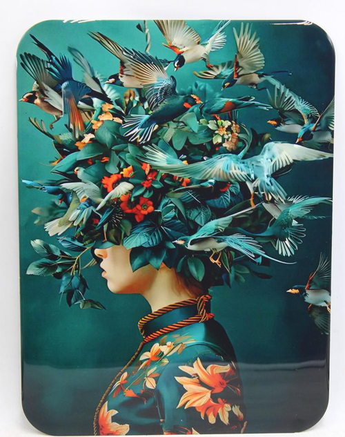 Visuel 1 du produit Tableau en métal vert/bleu La Dame aux oiseaux - 30 x 40 cm