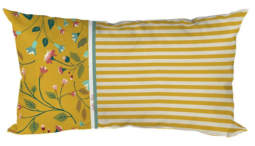 Visuel 1 du produit Coussin déco en polyester/coton rayé et fleuri coloris cumin Victorine - 50 x 30 x 15 cm