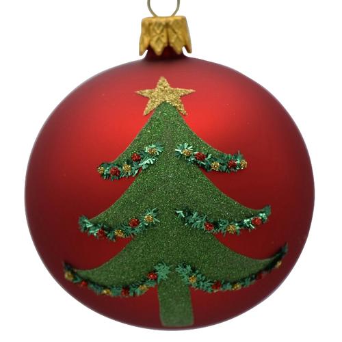 Visuel 1 du produit Boule de Noël en verre rouge mat avec sapin vert - Ø 7 cm
