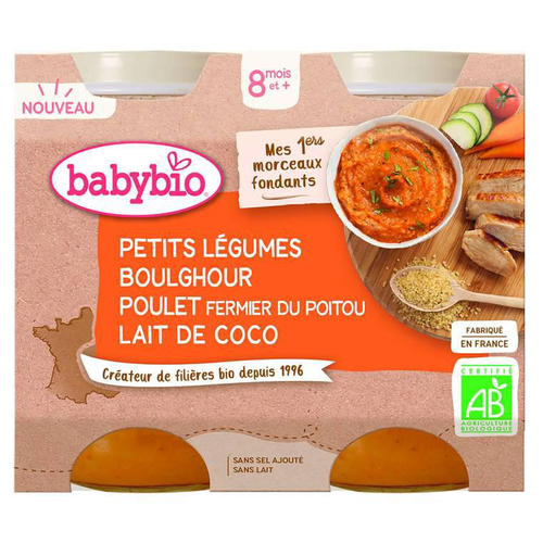 Visuel 1 du produit Petits pots pour bébé dès 8 mois légumes, boulghour, poulet et lait de coco avec morceaux Babybio Mes 1ers morceaux fondants – 2 x 200 g