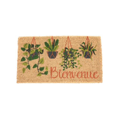 Visuel 1 du produit Paillasson en fibre de coco motif plantes vertes en pot Bienvenue - 72 x 40 cm