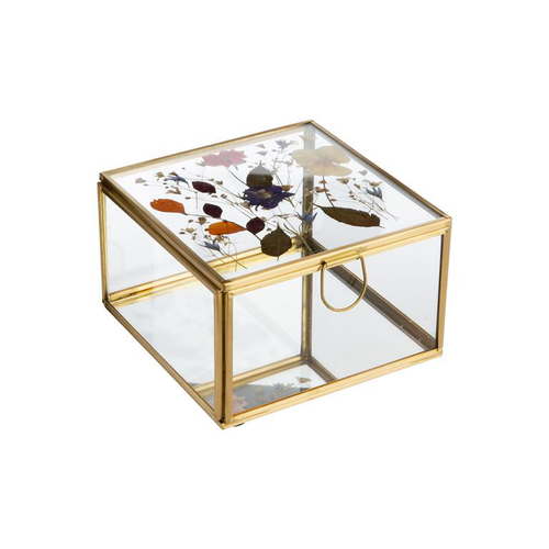 Visuel 1 du produit Boîte carrée en verre et métal doré avec décor fleurs séchées grand modèle - 13 x 13 x 8 cm