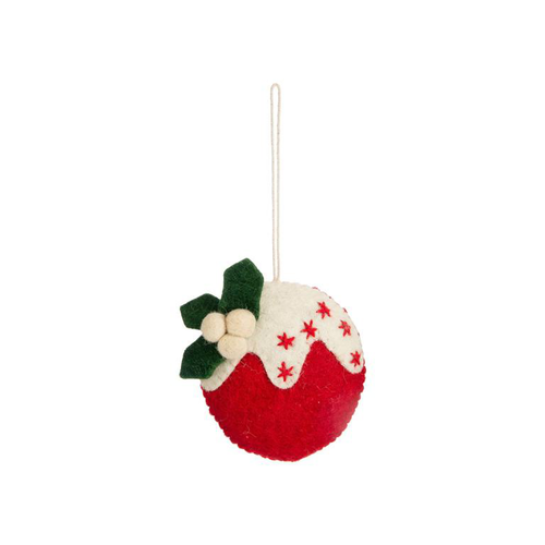 Visuel 1 du produit Décoration à suspendre boule enneigée en feutrine rouge, blanc et vert - 3,7 x 5 cm