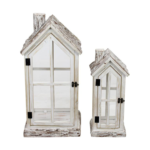 Visuel 1 du produit Lanterne en bois de sapin forme maison blanche avec verre petit modèle - 18 x 15 x 42 cm
