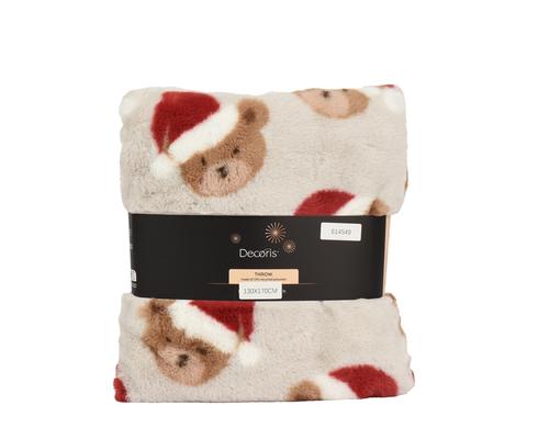 Visuel 1 du produit Plaid en polyester rouge et blanc motif ourson de Noël - 170 x 130 cm