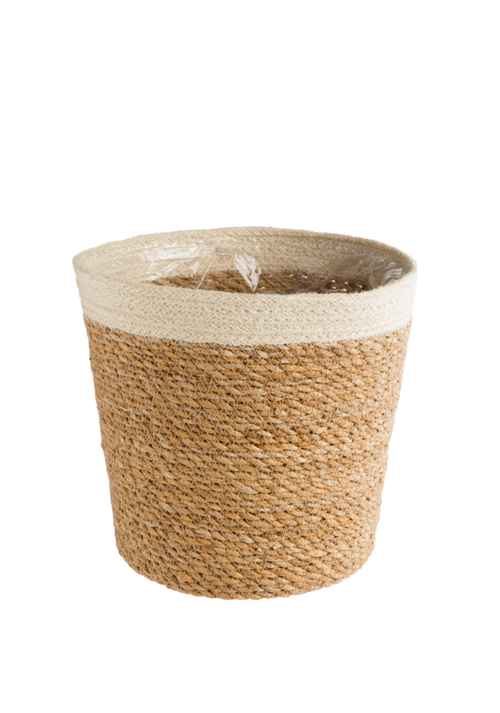 Visuel 1 du produit Cache-pot vannerie naturelle avec rebord blanc coloris beige - 24 x 22,5 x 18 cm