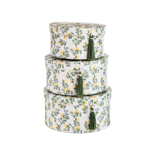 Visuel 1 du produit Boîtes rondes en papier à décor citron jaune et vert et couvercle à pompon - les 3 boîtes
