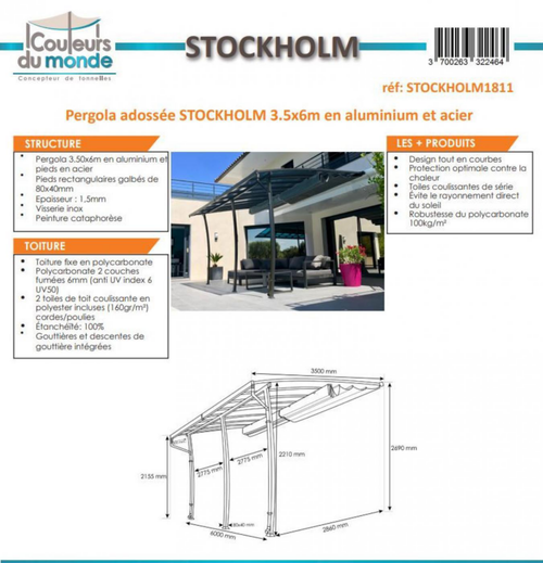 Visuel 7 du produit Pergola adossée polycarbonate, acier, aluminium COULEURS DU MONDE - modèle Stockholm - 3,5x6m