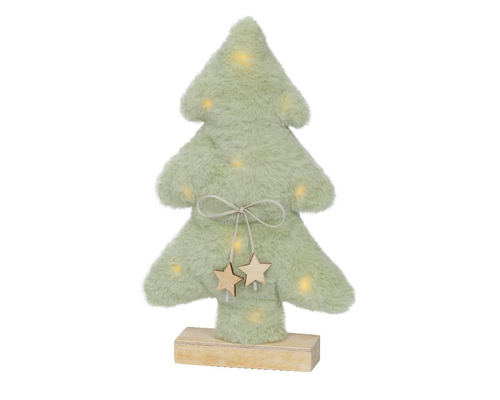 Visuel 1 du produit Sapin en fourrure vert tendre à micro LED blanc chaud sur socle en bois - 5 x 20 x 33,5 cm