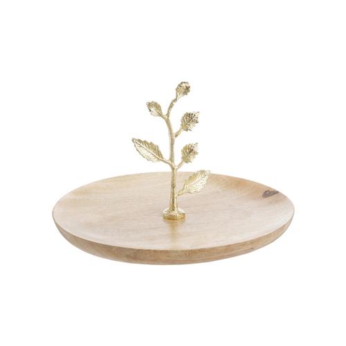 Visuel 1 du produit Plateau rond en bois de manguier naturel à décor feuille en aluminium doré - Ø 25 x H 16 cm