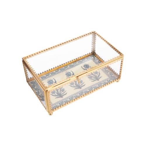 Visuel 1 du produit Boîte en laiton or et verre transparent à décor fleuri bleu - 18 x 11 x 7,5 cm