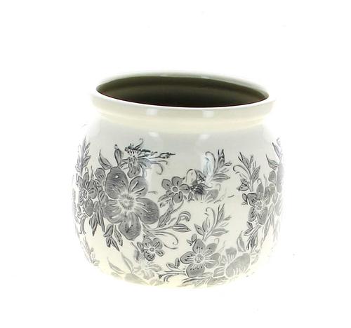 Visuel 1 du produit Cache-pot en céramique beige à décor floral gris - Ø 16 x H 13 cm