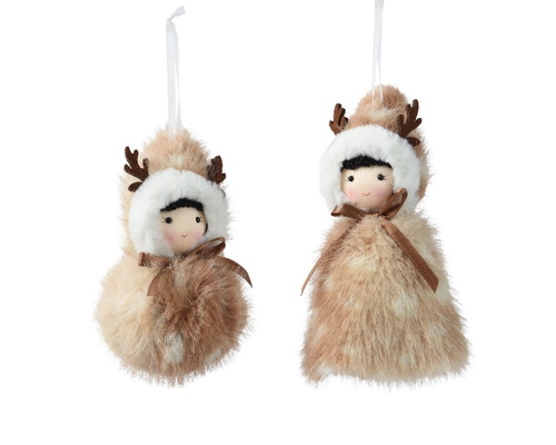 Visuel 1 du produit Esquimau en polyester brun avec manteau à capuche en fourrure beige et bois de renne - 15 x 10 x 5 cm