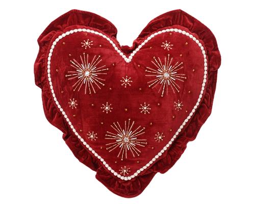 Visuel 1 du produit Coussin forme cœur en coton bordeaux avec perles et volant - 40 x 35 cm