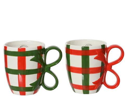 Visuel 1 du produit Mug en céramique blanche à carreaux verts et rouges et anse ruban Cadeau - Ø 9,3 x H 11,3 cm