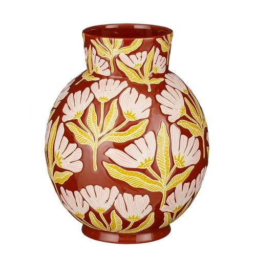 Visuel 1 du produit Vase en céramique terracotta avec décor fleurs jaunes Nuri - Ø 24 x H 30 cm