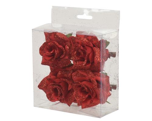 Visuel 1 du produit Ensemble de 4 roses brillantes sur clip en polyester rouge - Ø 8 x H 4,5 cm
