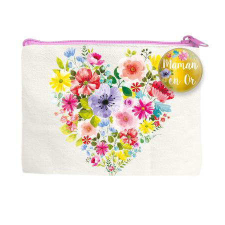 Visuel 1 du produit Trousse en tissu coton à motif cœur multicolore Cartesdart Maman en Or - 12 x 10 cm