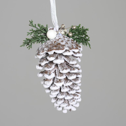 Visuel 1 du produit Décoration à suspendre pomme de pin enneigée blanche - 16 cm