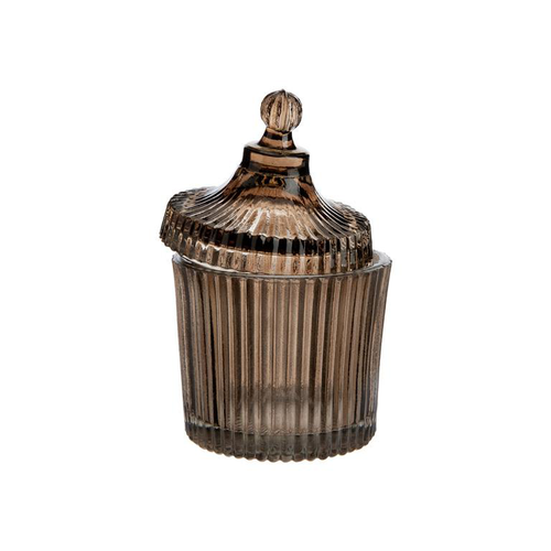 Visuel 1 du produit Boîte ronde décorative en verre fumé marron strié - Ø 9,5 x H 15 cm