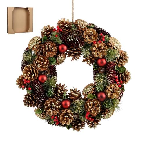 Visuel 1 du produit Couronne en mousse avec sapin artificiel, pomme de pin naturel et or et boules rouges - Ø 45 x H 9 cm