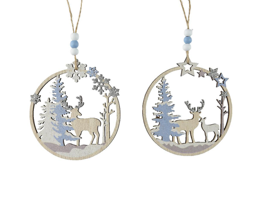 Visuel 1 du produit Décoration à suspendre ronde avec renne et sapin blanc et bleu - 11 x 0,5 x 12 cm