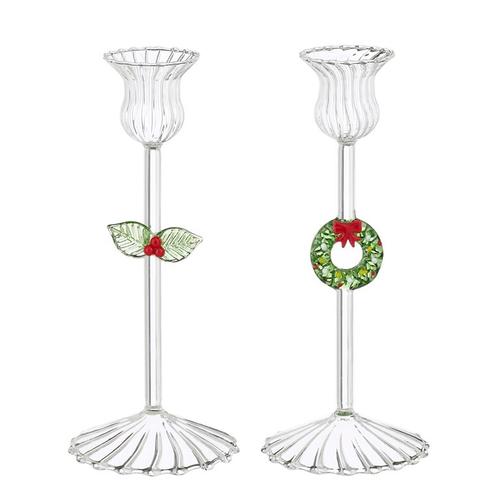 Visuel 1 du produit Bougeoir en verre transparent avec décor houx vert et rouge - Ø 8 x H 18 cm