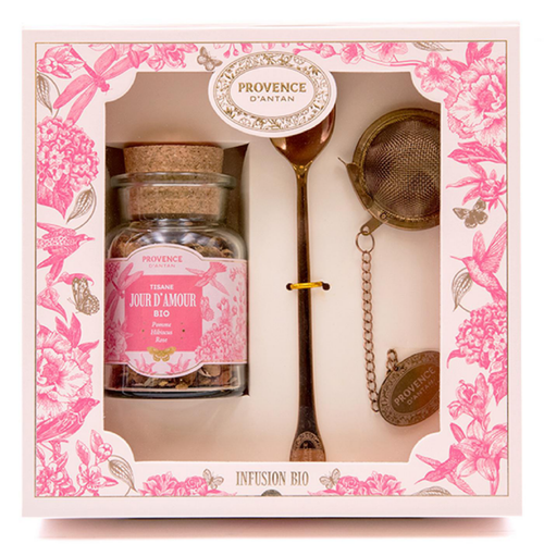 Visuel 1 du produit Coffret tisane jour d’amour bio avec boule à infusion et cuillère Provence d’antan - 45 g
