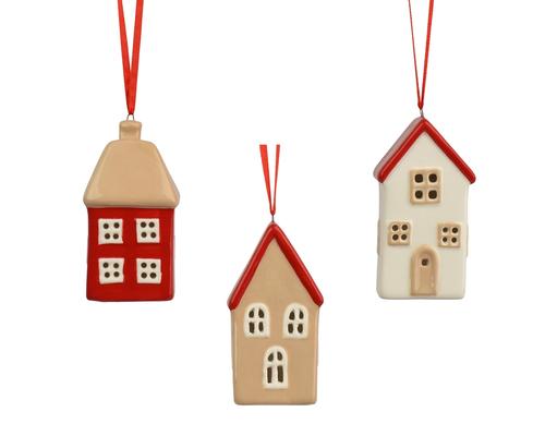 Visuel 1 du produit Maison à suspendre en porcelaine rouge, beige et blanche - 4,5 x 3,5 x 9 cm