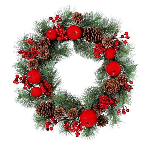 Visuel 1 du produit Couronne mixte de sapin vert, pommes de pin, baies et pommes rouges - Ø 55 x H 15 cm