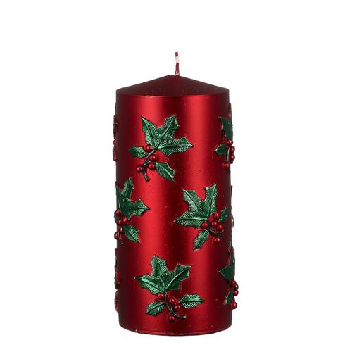 Visuel 1 du produit Bougie pilier en paraffine rouge avec décor feuilles de houx - Ø 7 x H 15,5 cm