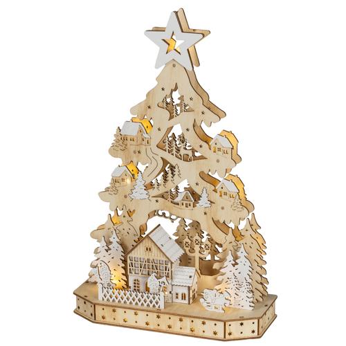 Visuel 1 du produit Décoration de Noël village lumineux en bois certifié FSC® en forme de sapin LED blanc chaud intérieur - L 10,50 x 26 x H 40,50 cm