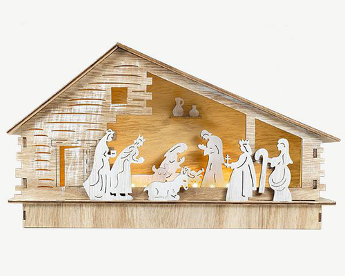 Visuel 1 du produit Scénette crèche en bois naturel avec personnages blanc à 5 LED blanc chaud sur piles - 30 x 7 x 17,5 cm