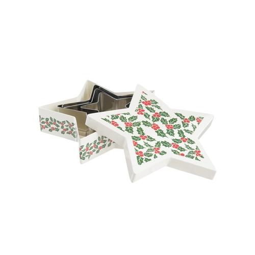 Visuel 1 du produit Boîte forme étoile en acier inoxydable blanc à motifs houx vert et rouge avec 3 emporte-pièces - Ø 13 x H 3,5 cm