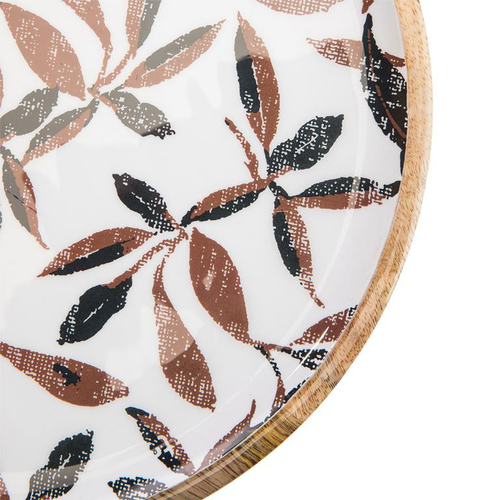 Visuel 2 du produit Plateau rond en bois de manguier marron avec décor émaillé feuillage d’automne multicolore – Ø 30 cm