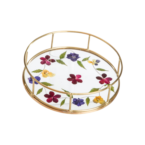 Visuel 1 du produit Vide-poche rond en verre avec fleurs séchées et bord doré - 17,5 x 4,5 cm