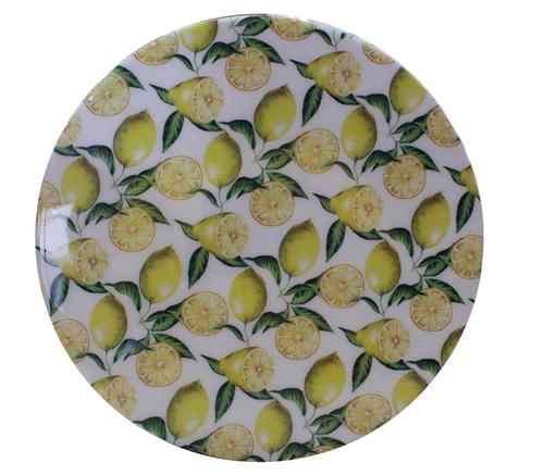 Visuel 2 du produit Assiette sur pied en bois de manguier émaillé à décor citrons (blanc jaune vert) - 25 x 25 x 10 cm